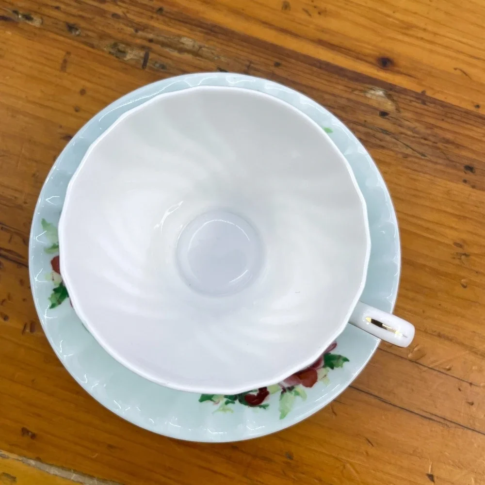 Vintage Queen Anne Tea Cup & Saucer Set Pastel Green w‎ Pink Roses Numbered